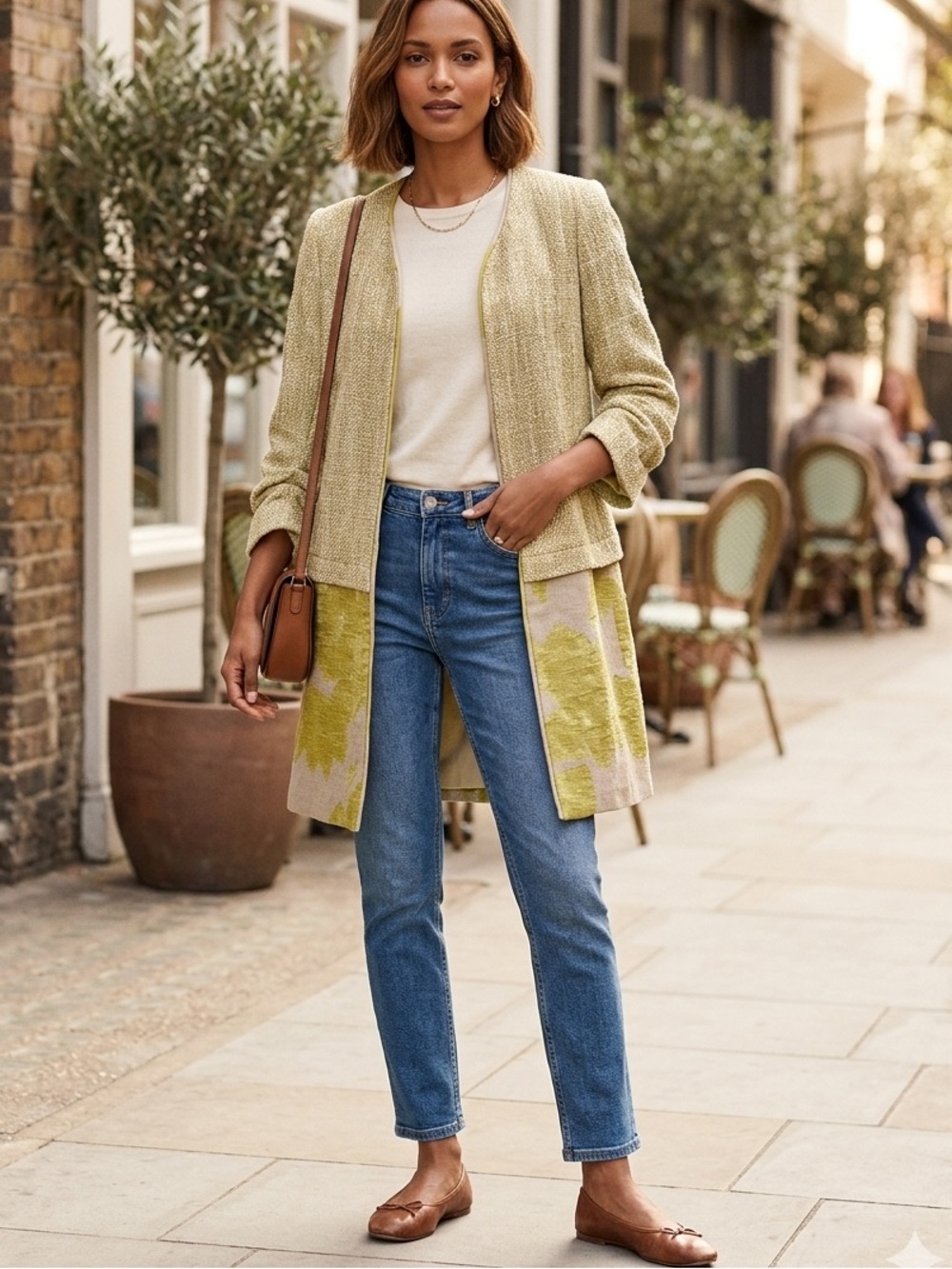 Zara Basic Wowen’s Woven Floral Yellow & Cream Long Jacket Blazer Size Medium